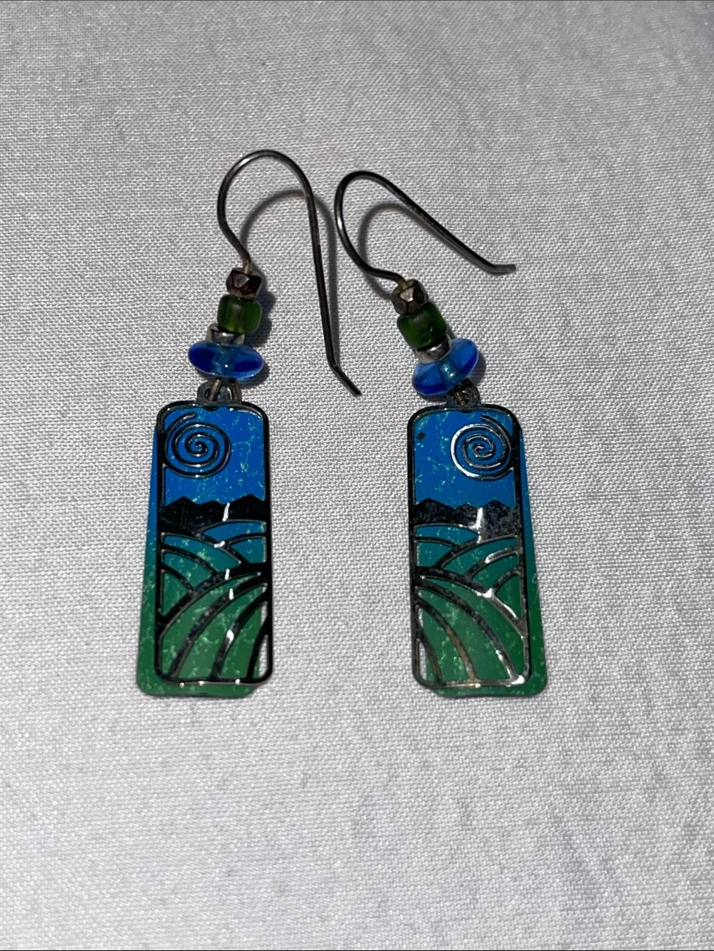 Adajio Green Valley & Blue Sky Enamel Dangle Earrings Boho Artisan